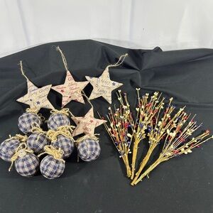 Rustic Patriotic Holiday Ornament Set - Blue Plaid and Star Accents
